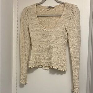 FRAME Cream Ruched Smocked Long Sleeve Top SIZE S